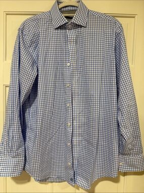 Twillory Performance Dress Shirt 16 32/33 Tailored Fit Blue White Gingham Check